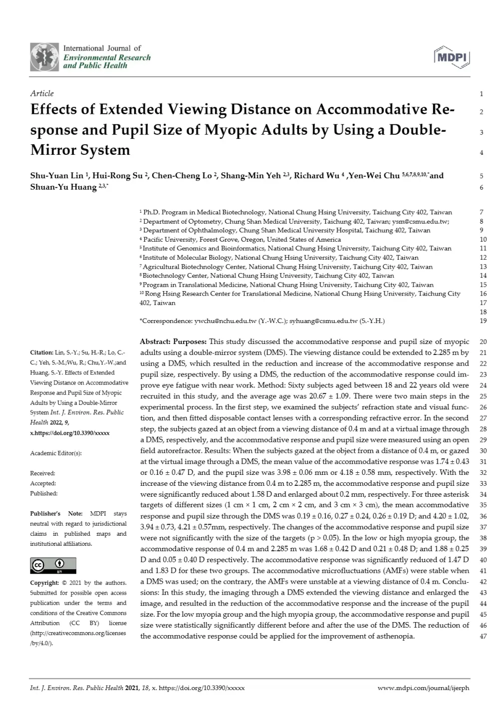 _學術期刊_202209_透過雙鏡系統研究延長觀看距離對近視成人調節反應和瞳孔大小的影響_睛延寶_Effects of Extended Viewing Distance on Accommodati